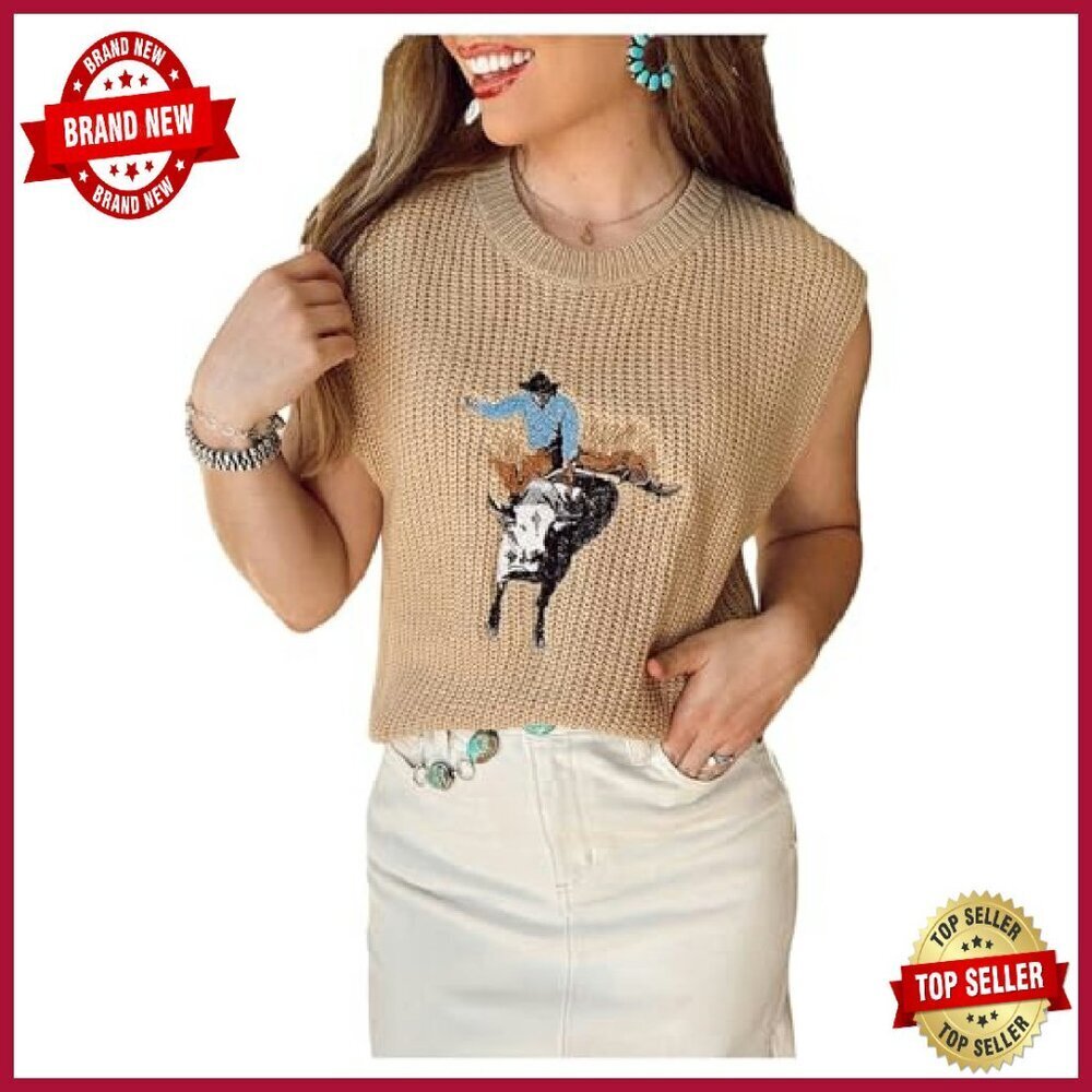 Western Cowboy Embroidered Ribbed Sweater Vest Crew Neck Sleeveless - Picture 2 of 7